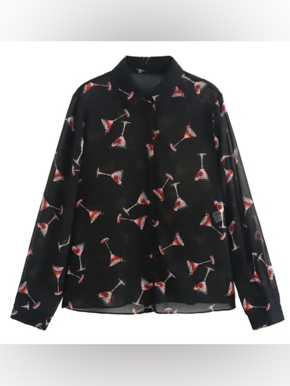 Zara Black Sheer Blouse with Red Cocktail Martini Print Size XXL